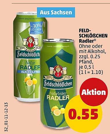 FELD-SCHLÖßCHEN Radler* Ohne oder mit Alkohol, zzgl. 0.25 Pfand, je 0,5 l (1 l = 1.10)