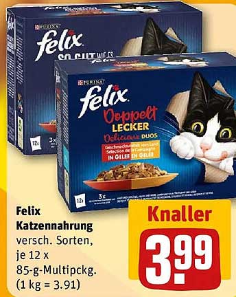 Felix Katzennahrung versch. Sorten, je 12 x 85-g-Multipckg. (1 kg = 3.91)