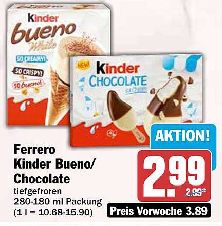 Ferrero Kinder Bueno/Chocolate tiefgefroren 280-180 ml Packung (1 l = 10.68-15.90)