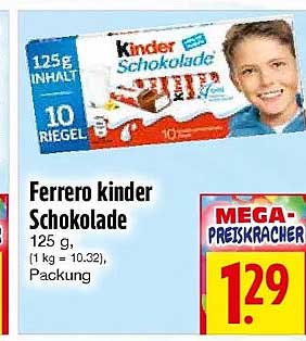 Ferrero kinder Schokolade 125 g (1 kg = 10,32) Packung