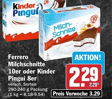 Ferrero Milchschnitte 10er oder Kinder Pingui 8er versch. Sorten 280-240 g Packung (1 kg = 8.18-9.54)