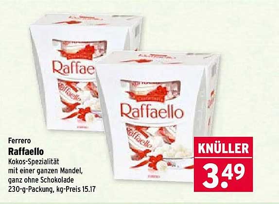 Ferrero Raffaello Kokos-Spezialität mit einer ganzen Mandel, ganz ohne Schokolade 230-g-Packung, kg-Preis 15.17