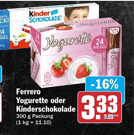 Ferrero Yogurette oder Kinderschokolade 300 g Packung (1 kg = 11.10)