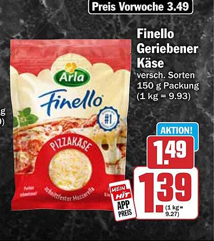 Finello Geriebener Käse versch. Sorten 150 g Packung (1 kg = 9.93)