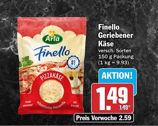 Finello Geriebener Käse verschied. Sorten 150 g Packung (1 kg = 9.93)
