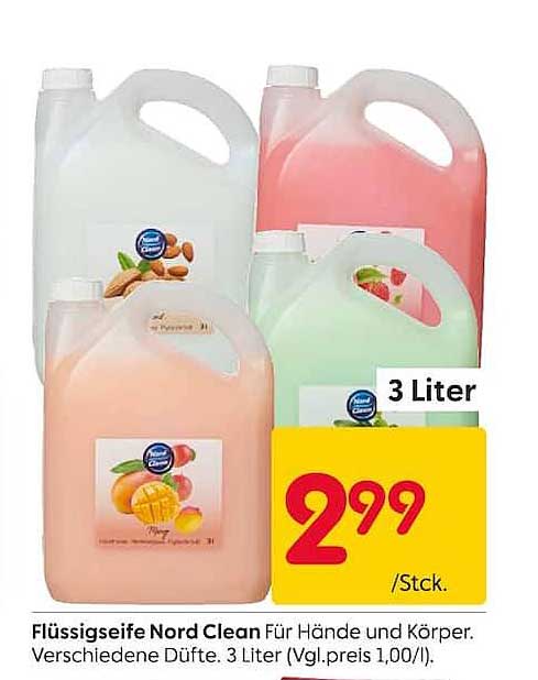 Flüssigseife Nord Clean Für Hände und Körper. Verschiedene Düfte. 3 Liter (Vgl.preis 1,00/l).