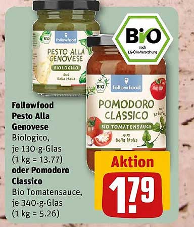 Followfood Pesto Alla Genovese Biologico, je 130-g-Glas (1 kg = 13.77) oder Pomodoro Classico Bio Tomatensauce, je 340-g-Glas (1 kg = 5.26)