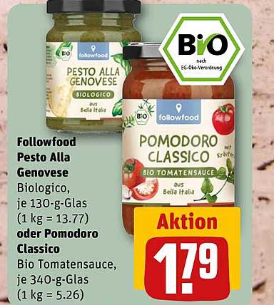 Followfood Pesto Alla Genovese Biologico, je 130-g-Glas (1 kg = 13.77) oder Pomodoro Classico Bio Tomatensauce, je 340-g-Glas (1 kg = 5.26)