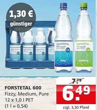 FORSTETAL 600 Fizzy, Medium, Pure 12 x 1,0 l PET (1 l = 0,54)