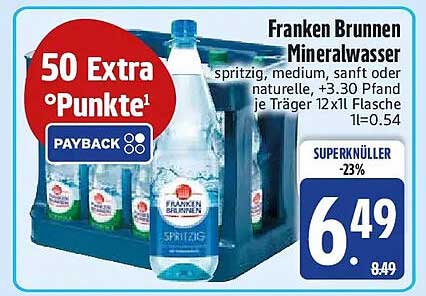 Franken Brunnen Mineralwasser spritzig, medium, sanft oder naturell, + 3,30 Pfand je Träger 12x1l Flasche