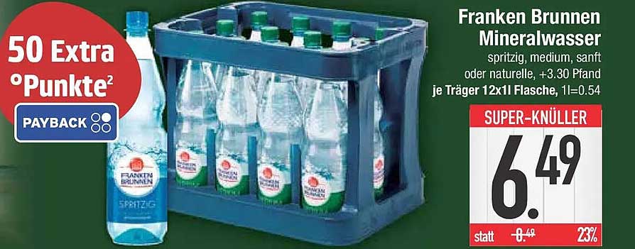 Franken Brunnen Mineralwasser spritzig, medium, sanft oder naturelle, +3.30 Pfand je Träger 12x1l Flasche, 1l=0.54