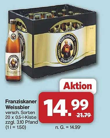 Franziskaner Weissbier versch. Sorten 20 x 0,5-l-Kiste zzgl. 3,10 Pfand (1 l = 1,50)