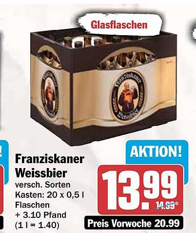 Franziskaner Weissbier versch. Sorten Kasten: 20 x 0,5 l Flaschen + 3.10 Pfand (1 l = 1.40)