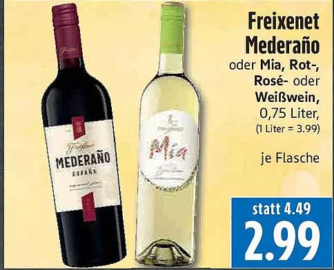 Freixenet Mederaño oder Mia, Rot-, Rosé- oder Weißwein, 0,75 Liter, (1 Liter = 3.99) je Flasche