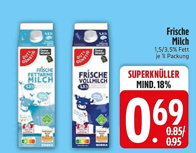 Frische Milch 1,5/3,5% Fett je 1l Packung