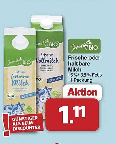 Frische oder haltbare Milch 1,5 %/ 3,8 % Fett 1-L-Packung