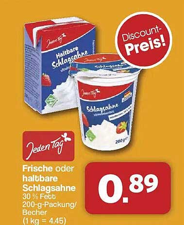 Frische oder haltbare Schlagsahne 30 % Fett 200-g-Packung/Becher (1 kg = 4,45)