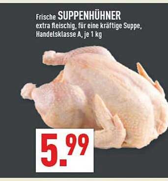 Frische SUPPENHÜHNER extra fleischig, für eine kräftige Suppe, Handelsklasse A, je 1 kg