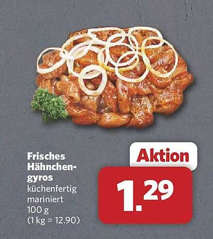 Frisches Hähnchen-gyros küchenfertig mariniert 100 g (1 kg = 12.90)