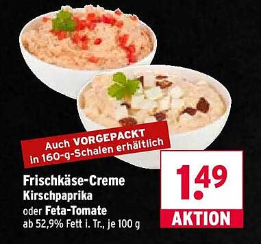 Frischkäse-Creme Kirschpaprika oder Feta-Tomate ab 52,9% Fett i. Tr., je 100 g