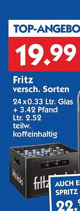 Fritz versch. Sorten 24 x 0.33 Ltr. Glas + 3.42 Pfand Ltr. 2.52 teilw. koffeinhaltig
