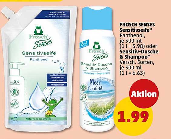 FROSCH SENSES Sensitivseife* Panthenol, je 500 ml (1 l = 3.98) oder Sensitiv-Dusche & Shampoo* Versch. Sorten, je 300 ml (1 l = 6.63)