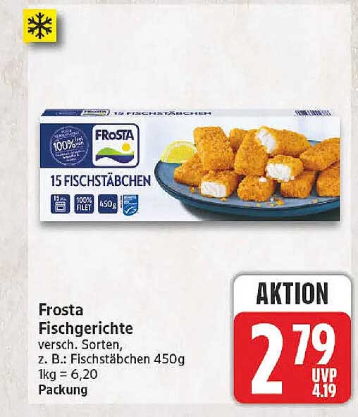 Frosta Fischgerichte versch. Sorten, z. B.: Fischstäbchen 450g 1kg = 6,20 Packung