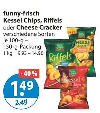 funny-frisch Kessel Chips, Riffels oder Cheese Cracker verschiedene Sorten je 100 g – 150-g-Packung 1 kg = 9.93 – 14.90