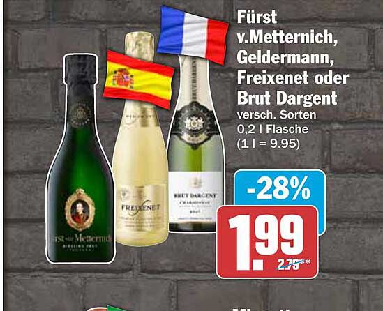 Fürst v.Metternich, Geldermann, Freixenet oder Brut Dargent versch. Sorten 0.2 l Flasche