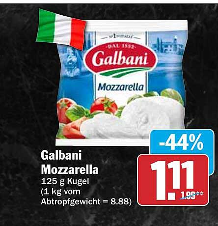 Galbani Mozzarella 125 g Kugel (1 kg vom Abtropfgewicht = 8,88)