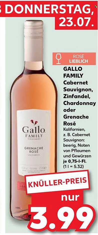 Gallo Family Cabernet Sauvignon, Zinfandel, Chardonnay oder Grenache Rosé