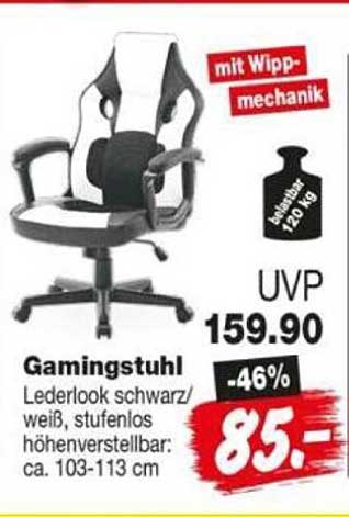 Gamingstuhl Lederlook schwarz/weiß, stufenlos höhenverstellbar: ca. 103-113 cm