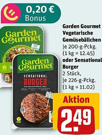 Garden Gourmet Vegetarische Gemüsebällchen je 200-g-Packg. (1 kg = 12.45) oder Sensational Burger 2 Stück, je 226-g-Packg. (1 kg = 11.02)