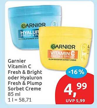 Garnier Vitamin C Fresh & Bright oder Hyaluron Fresh & Plump Sorbet Creme 85 ml