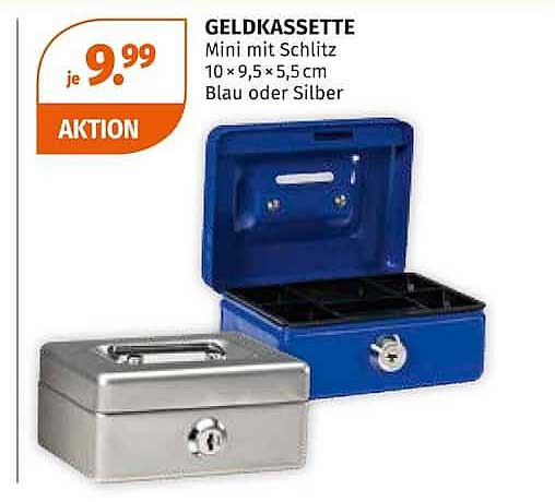 GELDKASSETTE Mini mit Schlitz 10 × 9,5 × 5,5 cm Blau oder Silber