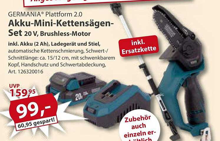 GERMANIA® Plattform 2.0 Akku-Mini-Kettensägen-Set 20 V, Brushless-Motor