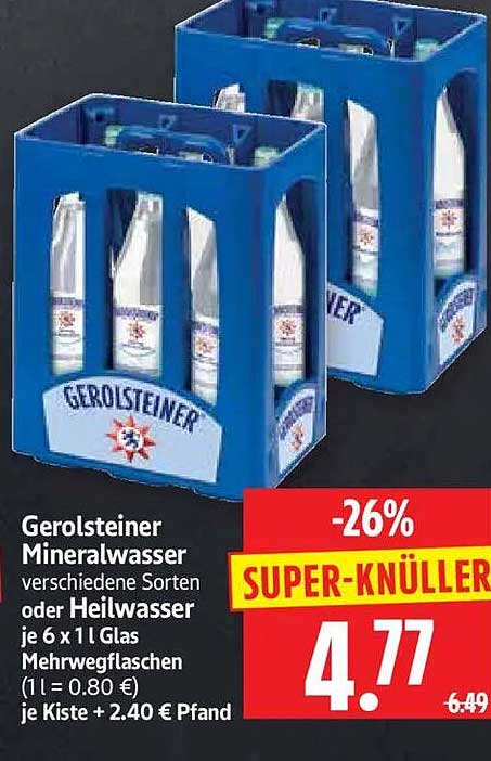 Gerolsteiner Mineralwasser verschiedene Sorten oder Heilwasser je 6 x 1 l Glas Mehrwegflaschen (1 l = 0.80 €) je Kiste + 2.40 € Pfand