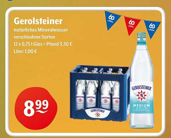 Gerolsteiner natürliches Mineralwasser verschiedene Sorten 12 x 0,75 l Glas + Pfand 3,30 € Liter: 1,00 €