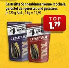Gestriefte Sonnenblumenkerne in Schale, geröstet der geröstet und gesalzen, je 120 g Pack., 1 kg = 14,92