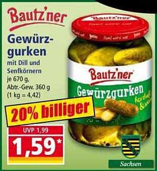 Gewürzgurken mit Dill und Senfkörnern je 670 g, Abt.-Gew. 360 g (1 kg = 4,42)