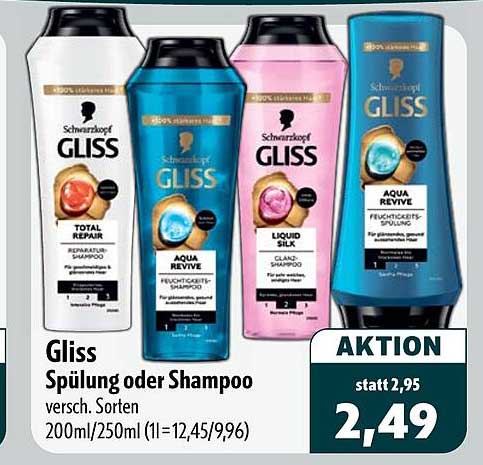 Gliss Spülung oder Shampoo versch. Sorten 200ml/250ml (1l=12,45/9,96)