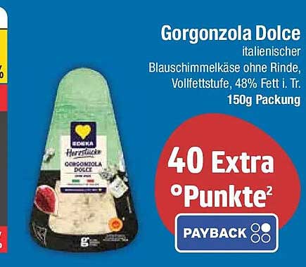 Gorgonzola Dolce italienischer Blauschimmelkäse ohne Rinde, Vollfettstufe, 48% Fett i. Tr. 150g Packung