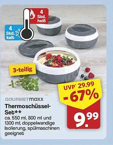 GOURMETmaxx Thermoschüssel-Set** ca. 550 ml, 800 ml und 1300 ml, doppelwandige Isolierung, spülmaschinengeeignet