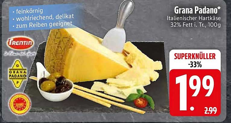 Grana Padano* Italienischer Hartkäse 32% Fett i. Tr., 100g
