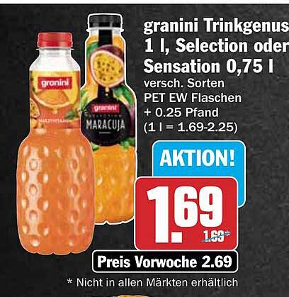 granini Trinkgenuss 1 l, Selection oder Sensation 0,75 l versch. Sorten PET EW Flaschen + 0.25 Pfand (1 l = 1.69-2.25)