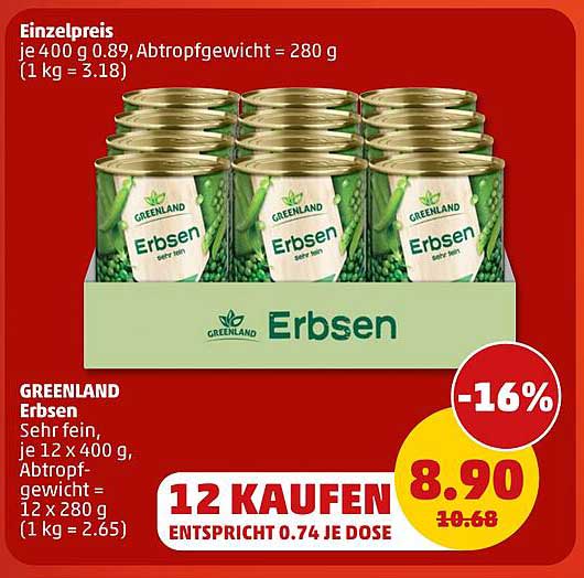 GREENLAND Erbsen Sehr fein, je 12 x 400 g, Abtropfgewicht = 12 x 280 g (1 kg = 2.65)