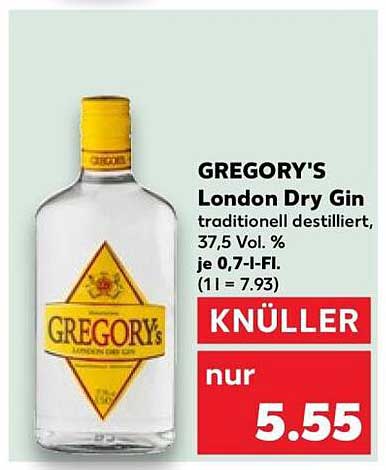 GREGORY'S London Dry Gin traditionell destilliert, 37,5 Vol. %, je 0,7-l-Fl. (1 l = 7,93)