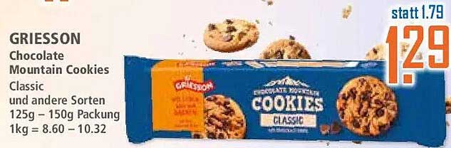 GRIESSON Chocolate Mountain Cookies Classic und andere Sorten 125g – 150g Packung 1kg = 8.60 – 10.32