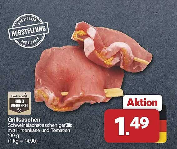 Grillbäckchen Schweinelachstaschen gefüllt mit Hirtenkäse und Tomaten 100 g (1 kg = 14.90)