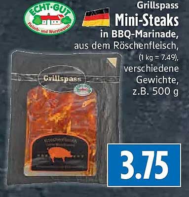 Grillspass Mini-Steaks in BBQ-Marinade, aus dem Röschfleisch, verschiedene Gewichte, z.B. 500 g